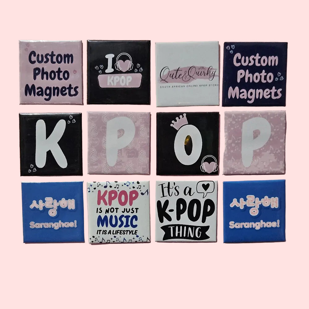 Collection of K-pop themed custom photo magnets on a pink background