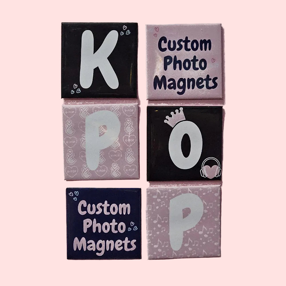 Set of custom photo magnets with letters and decorative designs on a pink background