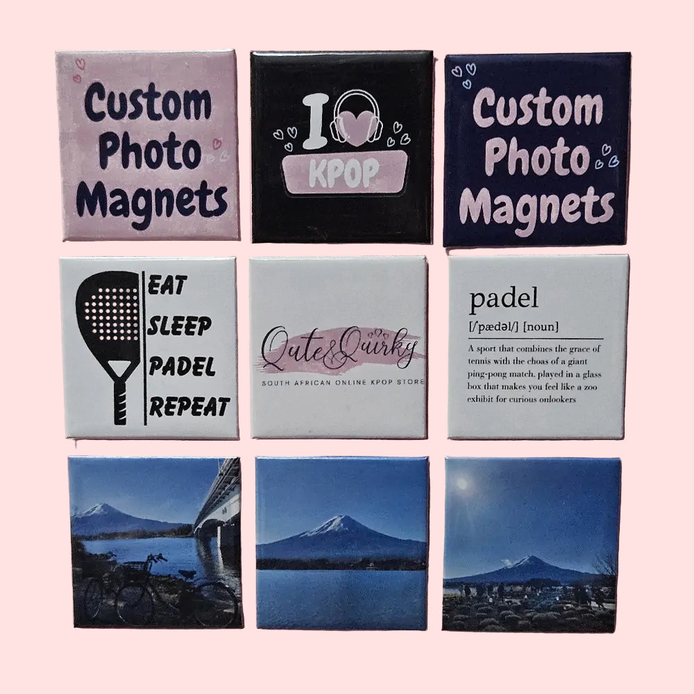 Collection of custom photo magnets with various designs on a pink background